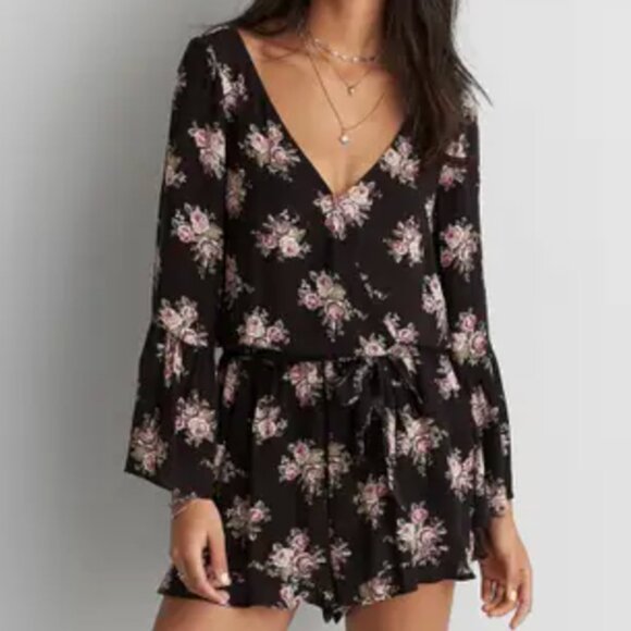 American Eagle Outfitters Pants - AMERICAN EAGLE AEO AE Wrap Romper Black Pink Floral Rose Long Sleeve Bell Sleeve